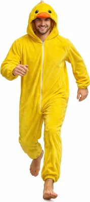 Produktbild von Entenkostüm Herren Overall mit Kapuze – Tierkostüm Erwachsene Gelb Einteiler – Karneval Fasching Verkleidung Tieranzug Festival JGA Kostüm Männer Vogel Schnabel, Größe:XXXXL