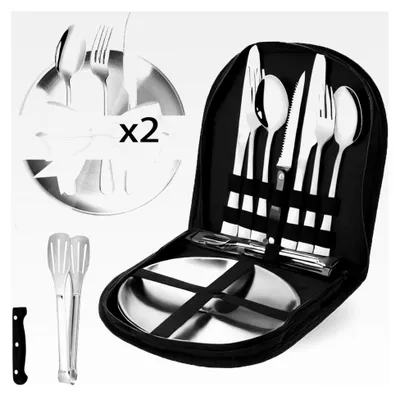 Produktbild von Camping Geschirrset, Edelstahl Besteck mit Bestecktasche, Gabeln, Messern und Löffeln, wiederverwendbar für Camping, Picknick, Reisen, Outdoor