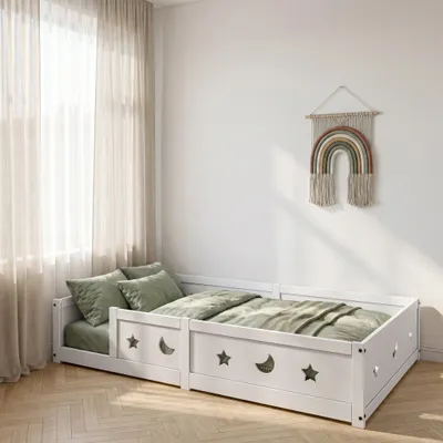 Produktbild von INONEFT Kinderbett 140 x 200 cm, Holzbett mit Rausfallschutz & Lattenrost, Bodenbett mit Stern-Mond Ausschnitt Umzäunung, Junge Mädchen