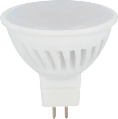 A white LED light bulb with a GU10 base is shown against a white background.