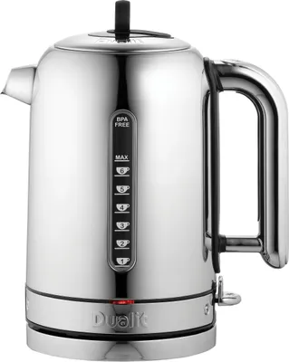 A studio shot of a stainless steel electric kettle.