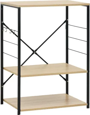 A three-tier microwave shelf unit with a wood-like finish and black metal frame.