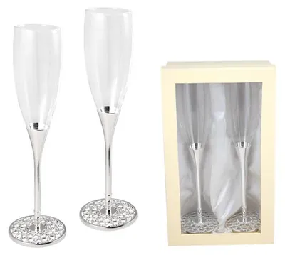 Champagnerglas-Set 2er, Glas mit versilbertem Herz-Boden, 26x5 cm