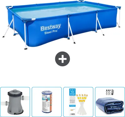 Obrázok produktu pre Obdĺžnikový bazén Bestway Steel Pro - 300 x 201 x 66 cm - modrý - vrátane čerpadla - filtra - testovacích prúžkov - slnečnej clony