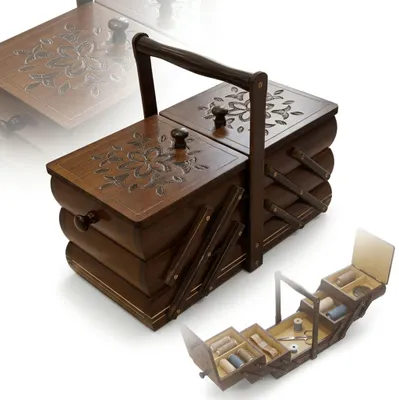 Obrázek produktu pro DŘEVĚNÁ ŠÍVACÍ SKŘÍŇKA, rozkládací krejčovský kufřík, organizér 34 x 18 x 26 cm, hnědá