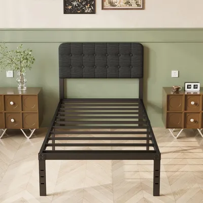 Produktbild von Einzelbett 80x190 cm - Metallbett mit Stauraum - Gepolstertes Kopfteil - Lattenrost