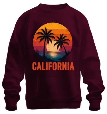 Imagen del producto de Sudadera con cuello redondo, diseño "Palmeras de California al atardecer, mar, playa, costa oeste de Estados Unidos", color burdeos, talla 3XL