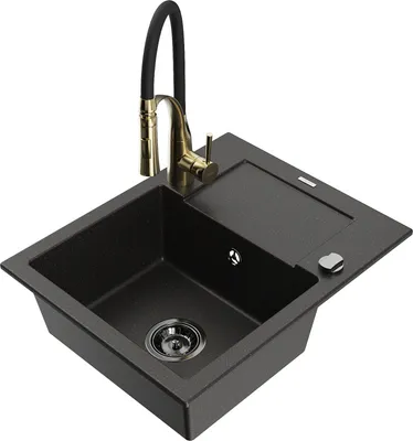 Produktbild von Mexen Enzo 1 Becken-Granitspüle mit Abtropffläche und Mischbatterie Aster, Schwarz/Gold metallisch - 6506-75-73450-57-B