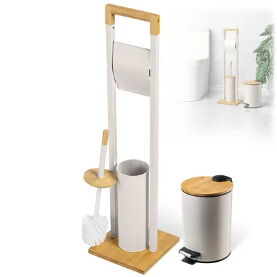 Produktbild von KADAX Toilettenpapierhalter mit integrierter WC-Bürste und Kosmetikeimer, Klopapierhalter Stehend mit Toilettenbürste, Toilettenpapierständer (Beige)