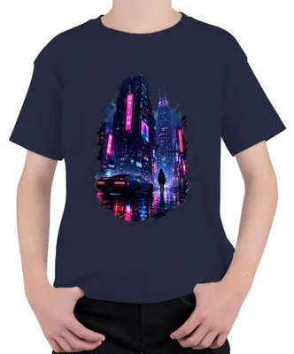 Produktbild von Cyberpunk City Future Neon Auto Regen Nacht Japan Y2K Synthwave Kinder T-Shirt, Navy, 104