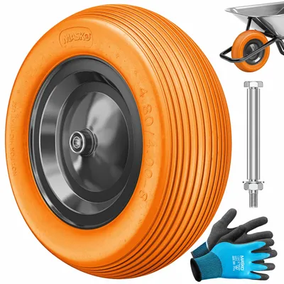 Produktbild von MASKO® PolyurethanSchubkarrenrad Vollgummi 200 kg pannensicher 4.80/4.00-8 Ø 390mm inkl. Achse Ersatzrad Gummirad Stahlfelge Reifen pannensicher für Schubkarre Gartenkarren pannensicheres PolyurethanRad