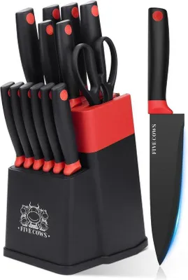 Productafbeelding van 14-delig Messenset met Zelfslijpende Messenkblok - Inclusief Steakmessen, Schaar, en Diverse Keukenmessen - Zwart Coating tegen Oxidatie
