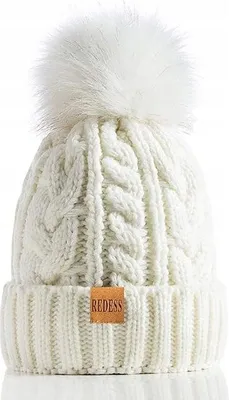 Produktbild von WEISSE WINTERMÜTZE für Damen mit Bommel - Fleece, Baumwolle, modisch und elastisch