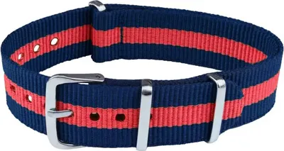 Produktbild von ClassicWatchStraps Nylon Uhrenarmband - Blau/Rot (3 Streifen), 22 mm, Silber poliert