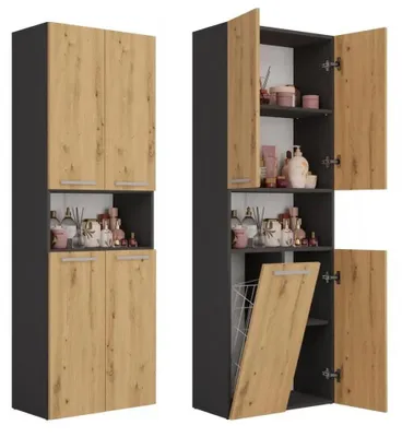 Immagine prodotto di Armadietto da bagno con cesto per la biancheria ATSO 3 - rovere artisan / antracite
