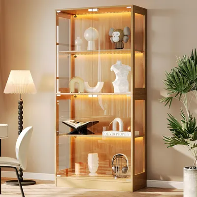 Immagine prodotto di Armadio espositivo a LED, 80x35x170 cm, vetrina in vetro per figure, realizzata in legno naturale