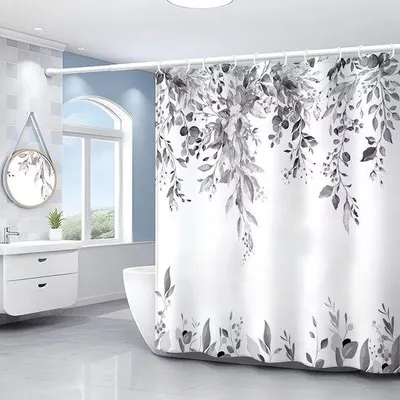 Image de Rideau de douche gris-vert à motif eucalyptus, 180 x 180 cm, en polyester imperméable et anti-moisissure.