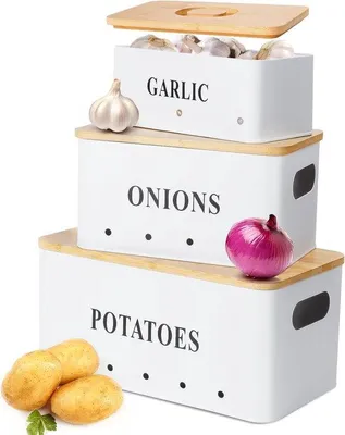 Produktbild von Famanu stapelbare Behälter für Kartoffeln, Zwiebeln und Knoblauch - 3 Stück - Weiß - mit Bambusdeckel