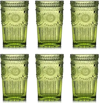 Produktbild von Kingrol 6 Stück 350ml Vintage Trinkgläser, 12oz geprägte romantische Wassergläser, Glasbecher-Set für Saft, Getränke, Bier, Cocktail (Grün)