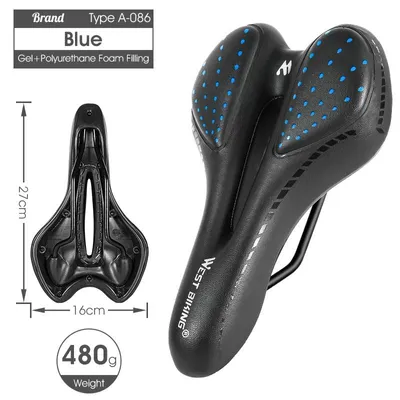 Image de Selle de vélo - Selle de VTT - Rembourrage en gel - Amortissant les chocs - CuirPolyuréthane- 27 x 16 cm - Bleu