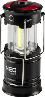 Obrázok produktu pre NEO TOOLS 3 v 1 batériová kempingová lampa, baterka, výstražné svetlo, 3 W, 200 lumenov, COB-LED, napájanie 3xAA (nie je súčasťou balenia), 2 rukoväte na prenášanie a zavesenie, posuvná konštrukcia, magnety v základni