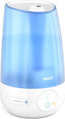 A white and blue humidifier with a blue water tank.