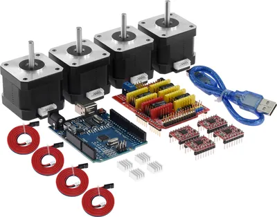 A collection of electronic components for a CNC machine, including stepper motors, an Arduino board, and driver boards, arranged on a white background.