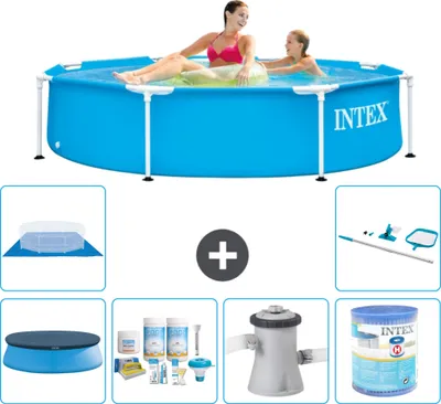 Immagine prodotto di Piscina Intex con struttura rotonda - 244 x 51 cm - blu - include copertura - pacchetto di manutenzione - pompa filtro per piscina - filtro - telo di fondo - kit di pulizia