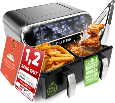 Produktbild von Stillstern Dual Zone Heißluftfritteuse 8L (für 1-8 Pers), 2400W, Ausgezeichnet 1,2 (Sehr Gut), 55-200°C, Shake-Funktion, 120 Rezepte (DEUTSCH), 8 Programme, Dörren, Auftauen&Warmhalten, Air Fryer