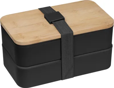A two-tiered black lunchbox with a bamboo lid and a black elastic strap.