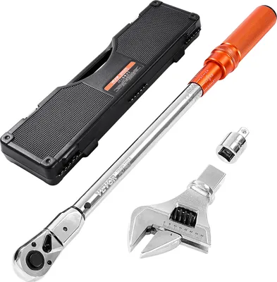 A torque wrench set with its case and accessories, laid out on a white background.