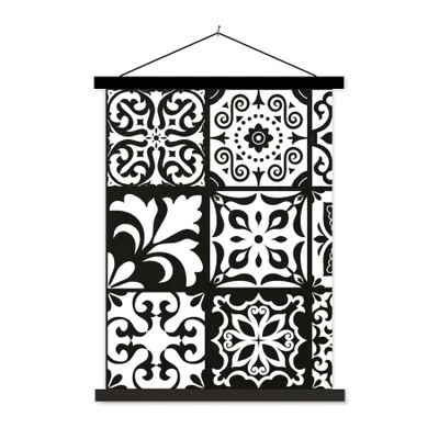 Produktbild von MuchoWow® Textilposter Muster - Schwarz - Weiß - Blumen - Abstrakt 120x160 cm mit schwarzem Rahmen - Magnetischer