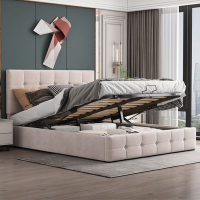 Merax Hydraulisch Boxspringbett 140x200cm mit Bettkasten und höhenverstellbaren Kopfteil, Polsterbett mit Metalllattenrost und Stauraum, Samt Doppelbett Stauraumbett Funktionsbett, Cremeweiß