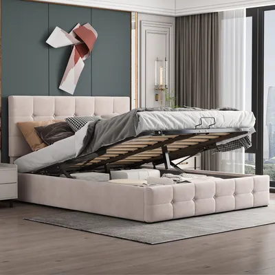 Obrázok produktu pre Merax Hydraulická posteľ Boxspring 140x200 cm so zásuvkou a výškovo nastaviteľným čelom, čalúnená posteľ s kovovým lamelovým rámom a úložným priestorom, zamatová manželská posteľ s úložným priestorom Funkčná posteľ, krémovo biela