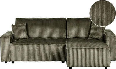 Produktbild von BELIANI 2-Sitzer Ecksofa Grün Cord mit Chaiselongue Linksseitig Schlaffunktion Dekokissen L-Form Modern Schlafsofa Wohnzimmer Sitzmöbel