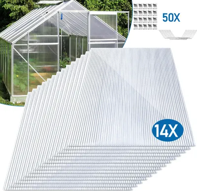 Immagine prodotto di TolleTour 14x lastre biparete in policarbonato 4mm, lastra biparete 10,25 m² - 1210x605, 50x morsetti + 50x clip a Z, telo per serra resistente ai raggi UV