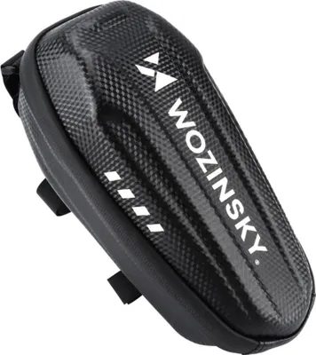 A black Wozinsky scooter handlebar bag with a carbon fiber pattern.