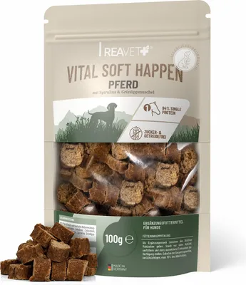 Produktbild von REAVET Hundeleckerli Getreidefrei I Pferd (100g) I Hypoallergen, Zuckerfrei & mit hohem Fleischanteil I Hundesnack Klein & Soft I Trainings-Leckerli für Training & Belohnung