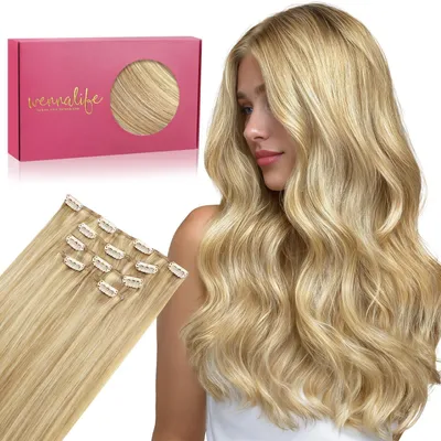 Immagine prodotto di Extension per capelli con clip, capelli naturali, 75 grammi, confezione da 5 pezzi, lunghezza 35 cm, colore biondo chiaro con riflessi biondo dorato