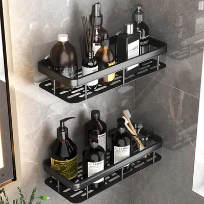 Immagine prodotto di Mensola per doccia senza foratura - Mensola moderna per bagno - 2 pezzi - Nero - Alluminio