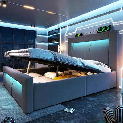Produktbild von Flieks Hydraulisches Polsterbett 90x200cm mit USB- & Type-C-Ladeanschlüsse, Jugendbett Einzelbett mit Led, Stauraumbett Samt, Grau