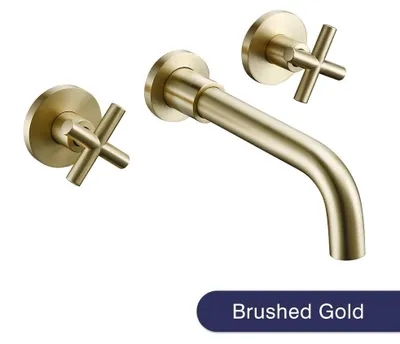 Produktbild von Waschbeckenarmatur - 3-Loch Zweigriffmischer - 360° Schwenkauslauf 21 cm - 20 cm Widespread Aufsatzmontage - Messing Mit Keramikkartusche - Gebürstetes Gold
