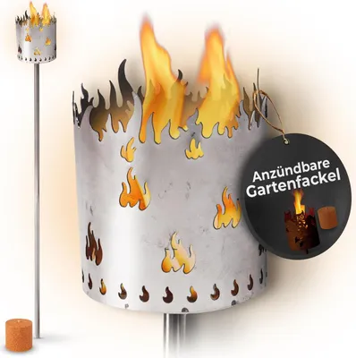 Produktbild von Gartenfackel für draußen Motiv Flamme - Rost - Set: Gartenbeleuchtung mit 1x Brennelement - Holzspäne mit Wachs - Schwedenfackel Pelletfackel Feuersäule Flammschalen Wachsfackel Gartenleuchte