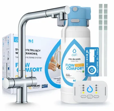 Immagine prodotto di Rubinetto da cucina a tre vie Venom, cromato, con doccetta estraibile. Kit completo con sistema di filtraggio dell'acqua Dafi D1, da installare sotto il lavello