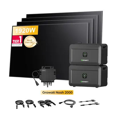 Produktbild von Powerness Balkonkraftwerk mit Speicher, Growatt NOAH 2000 x2 mit NEO-800W Mikrowechselrichter, 4x 480W BC Bifaziale Full Black Solarmodule (0% MwSt)