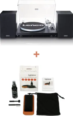 A collage showing a turntable with speakers and a record cleaning kit.
