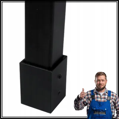 A close-up of a black metal corner bracket for a railing, with a man giving a thumbs up in the background.