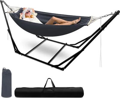 Produktbild von Faziango Hängematte mit Gestell, Dunkelgrau Sonnenliege, Metall Faltbar Hängematte Mit Tragetasche Belastbarkeit 150kg Indoor Outdoor