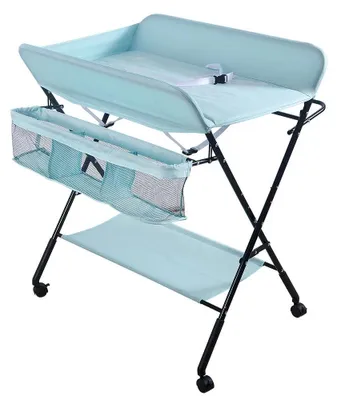 Image de Table à langer pour bébés - Pliable avec roulettes - Quatre roues - Structure métallique - Pour les 0 à 1 an - Panier de rangement - Noir