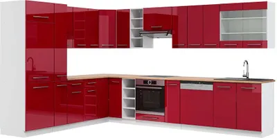Image de Cuisine en angle Vicco Fame-Line Rouge bordeaux Haute brillance/Blanc 347 x 257 cm, PT Chêne, Model 47307